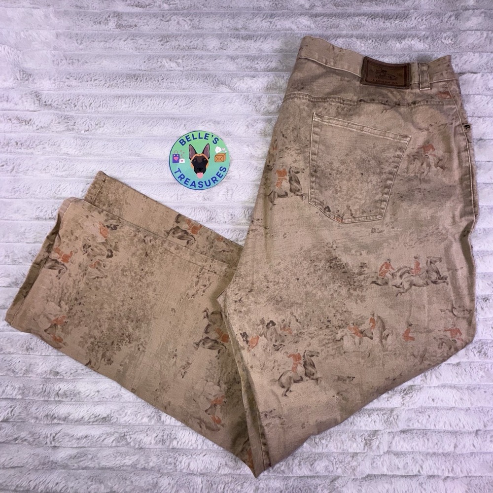 Vtg Lauren Ralph Lauren Pants Women's 22W‎ Tan Equestrian Polo Club Oxford Print